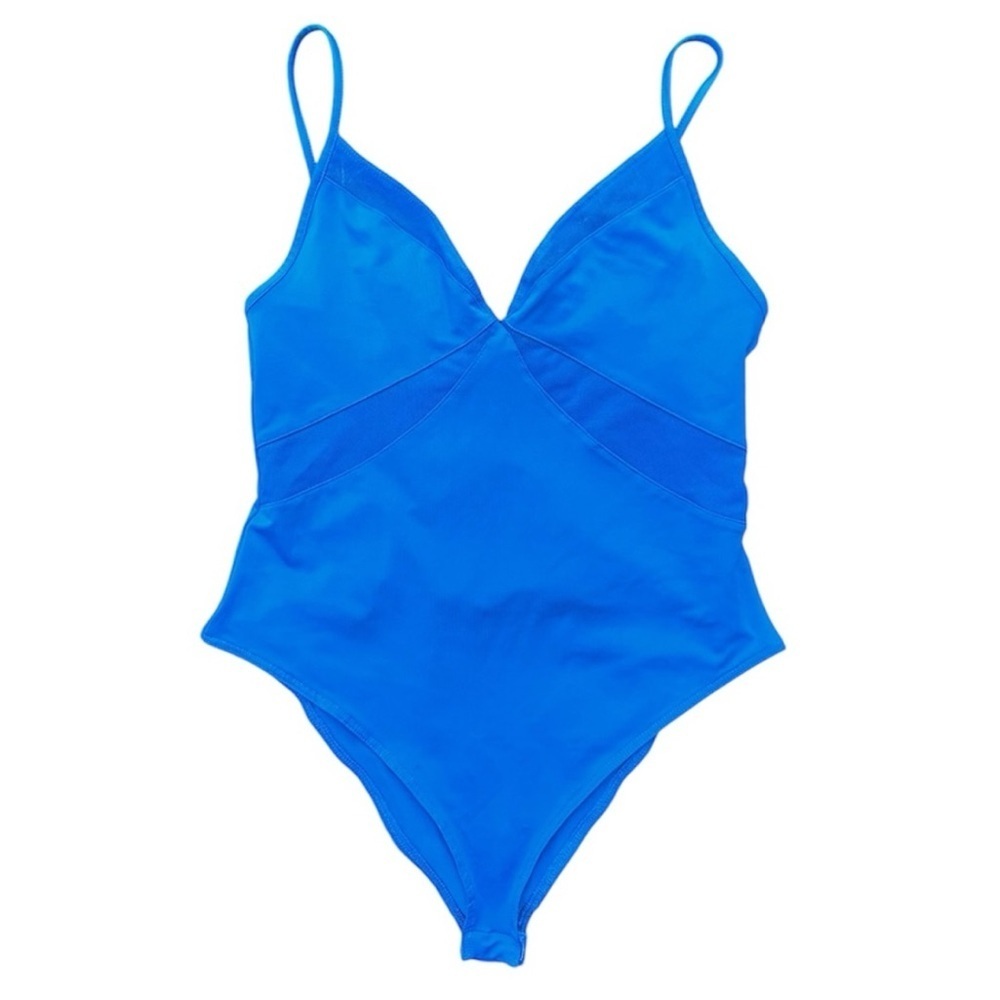 Royal Blue Sheer Mesh Panel Bodysuit Adjustable Straps